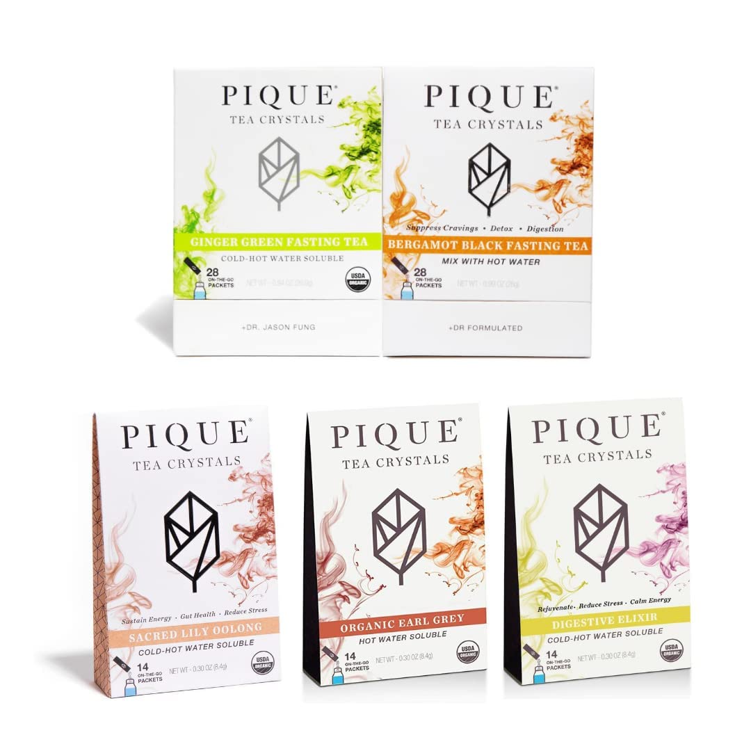 Pique Organic Specialty Tea Crystals Sampler - Support Healthy Digestion, Immunity, Metabolism - 98 Single Serve Sticks (Pack of 5)